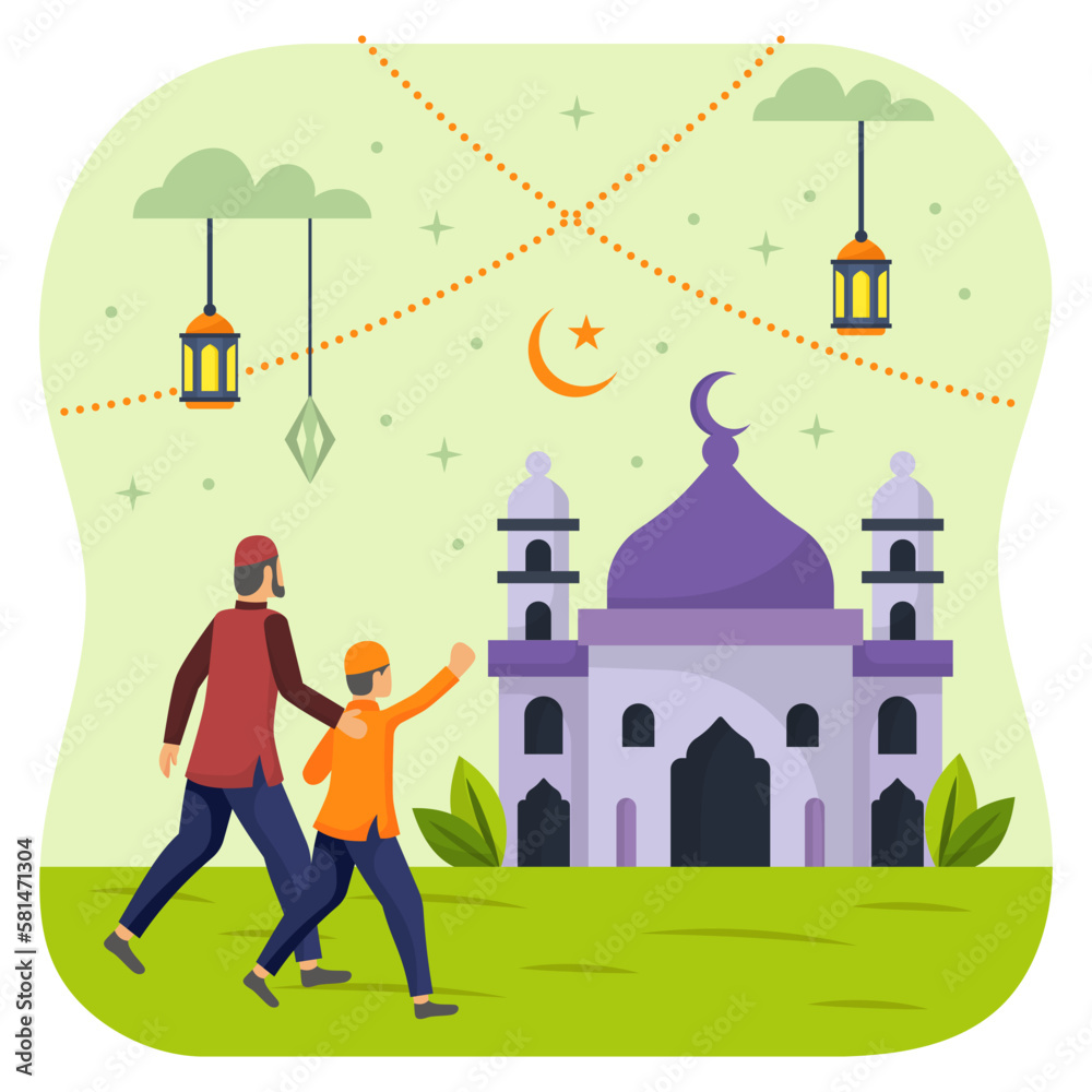 Father And Son Walking Towards A Mosque concept, Children going  Prayer-Salat-ul-Eidayn vector icon Design, Ramazan and Eid al-Fitr Symbol, Islamic and Muslims fasting Sign Arabic holiday celebration