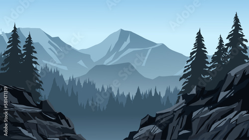 Vector landscape illustration of foggy mountain range with forest and rocks