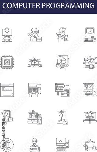 Computer programming line vector icons and signs. scripting, debugging, algorithm, software, language, compiler, syntax, development outline vector illustration set