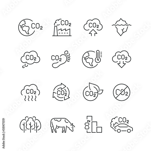 Vector line set of icons related with сarbon dioxide. Contains monochrome icons like carbon dioxide, factory, tree, cow, iceberg, earth, footprint and more. Simple outline sign.
