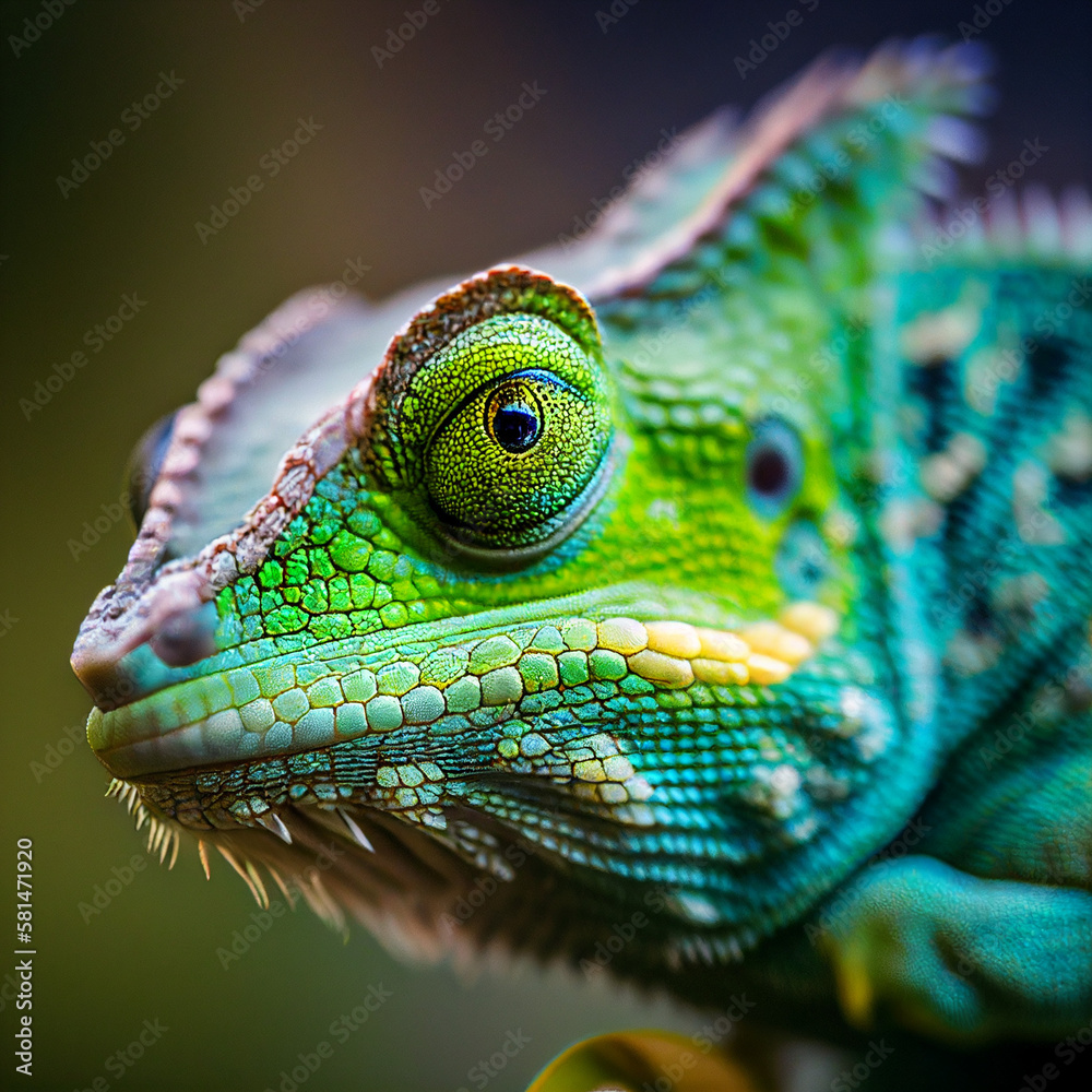 Fototapeta premium Up Close with a Green Chameleon: A Generative AI-Created Image