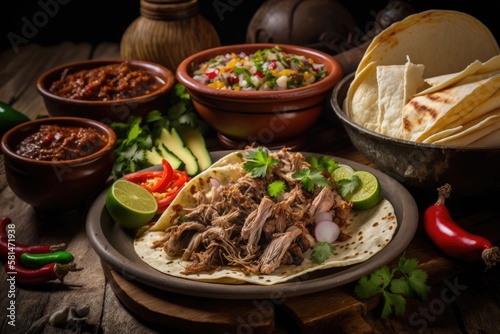authentic mexican barbacoa, carnitas and chicken tacos. Generative AI