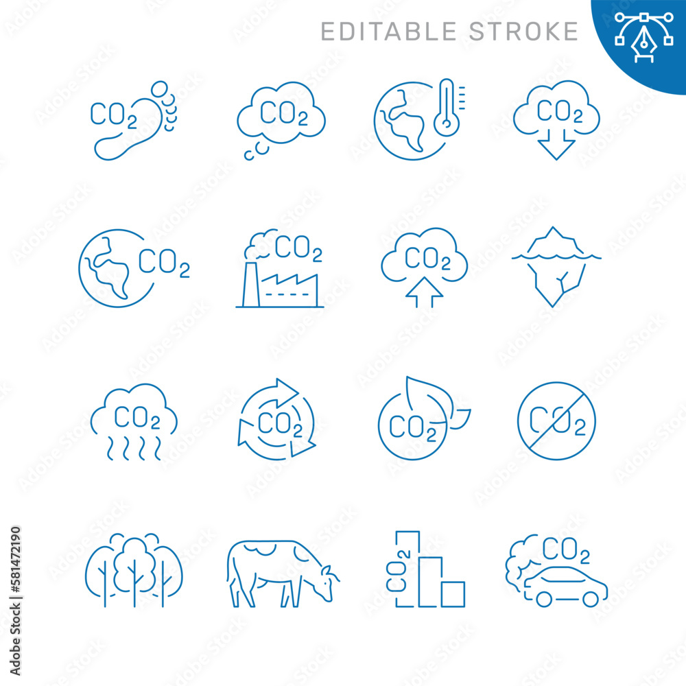Vector line set of icons related with сarbon dioxide. Contains monochrome icons like carbon dioxide, factory, tree, iceberg, cow, footprint and more. Simple outline sign. Editable stroke. - obrazy, fototapety, plakaty 