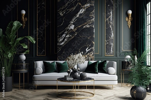 Interior design of a contemporary, opulent living room with a marble and black pattern background. Generative AI
