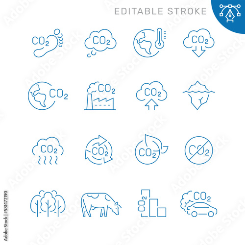 Vector line set of icons related with сarbon dioxide. Contains monochrome icons like carbon dioxide, factory, tree, iceberg, cow, footprint and more. Simple outline sign. Editable stroke.