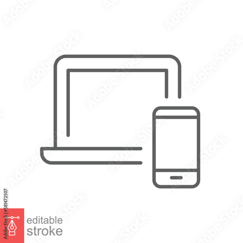 Laptop and mobile phone line icon. Simple outline style. Desktop, device, screen, display, smartphone, responsive concept. Vector illustration isolated on white background. Editable stroke EPS 10.