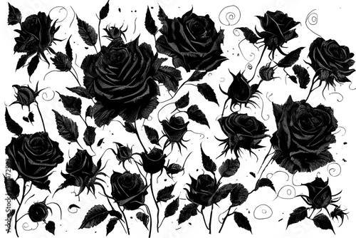 pattern of black roses on a white background generative ai 