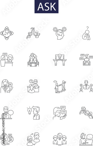 Ask line vector icons and signs. Inquire, Interrogate, Implore, Petition, Plead, Query, Demand, Crave outline vector illustration set