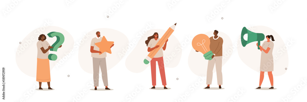 Casual people illustration set. Characters holding huge pencil, megaphone, light bulb and other objects symbolizing business ideas and activities. Marketing, Seo and FAQ concept. Vector illustration. Casual people illustration set. Characters holding huge pencil, megaphone, light bulb and other objects symbolizing business ideas and activities. Marketing, Seo and FAQ concept. Vector illustration.