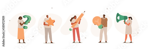 Casual people illustration set. Characters holding huge pencil, megaphone, light bulb and other objects symbolizing business ideas and activities. Marketing, Seo and FAQ concept. Vector illustration.