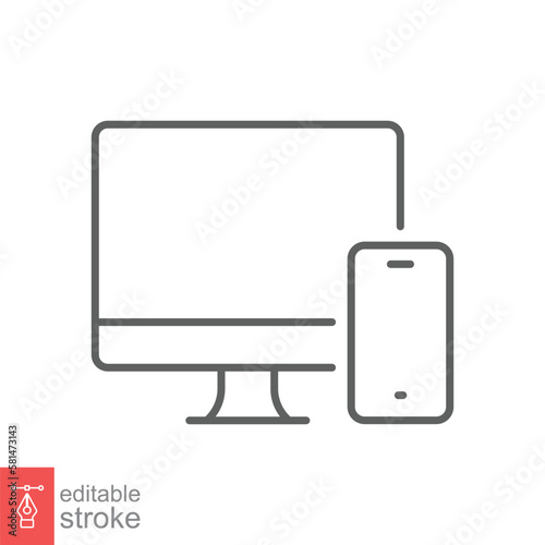 Computer and mobile phone line icon. Simple outline style. Desktop, device, monitor, display, smartphone, responsive concept. Vector illustration isolated on white background. Editable stroke EPS 10.