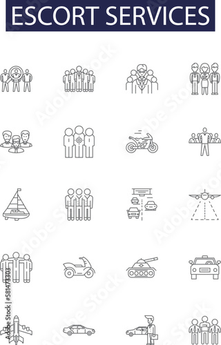Escort services line vector icons and signs. Services, Companions, Pleasure, Dating, Callgirls, Exotic, Courtesan, Adult outline vector illustration set