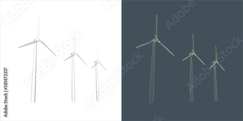 Vector windmill Wind turbine line Wire-frame style . Alternative renewable power generator - green energy 
