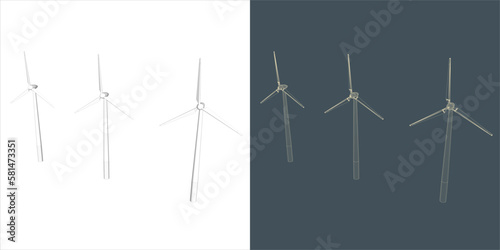 Vector windmill Wind turbine line Wire-frame style . Alternative renewable power generator - green energy 