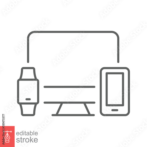 Computer monitor, smartwatch and mobile phone line icon. Simple outline style. Cloud connection between various smart devices concept. Vector isolated on white background. Editable stroke EPS 10.