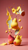 Group of Pears Fruit Creatively Falling-Dripping Flying or Splashing on Pink Background AI Generative
