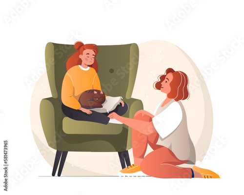 Loving mother hug and supports her unhappy sad teen daughter. School child shares her mental problems with her mom. Caring woman psychologist embrace caress girl show compassion. Vector illustration.
