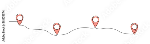 One line map point location symbols on route. GPS navigation line track mark. Location pointer continuous line hand drawing. Pins on way between points. Map pin line on white background. Vector