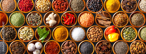 Colourful background from various herbs and spices for cooking in bowls © Alexander Raths
