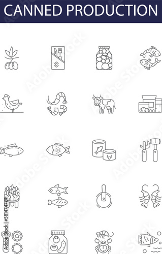 Canned production line vector icons and signs. Production, Manufacturing, Processing, Canning, Preservation, Food, Beverages, Fruits outline vector illustration set