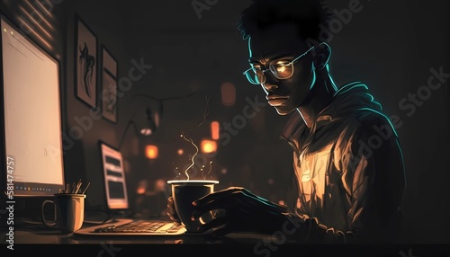 IT man sits at a computer with a cup of coffee