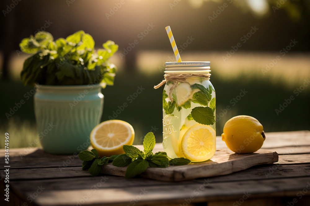 Fototapeta premium Refreshing lemonade in a mason jar with a yellow and white striped straw, sitting on a wooden crate in a sunny garden. The lemonade is garnished with a sprig of fresh mint and slices of lemon