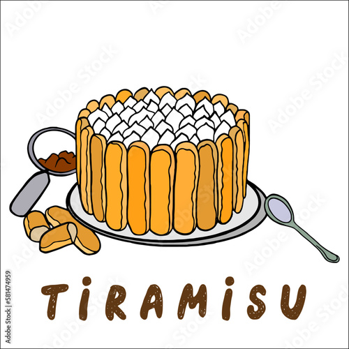 Large round tiramisu cake, an Italian layered dessert of savoiardi biscuits with mascarpone cream, garnished with cocoa powder. Homemade tiramisu for dessert with coffee and chocolate