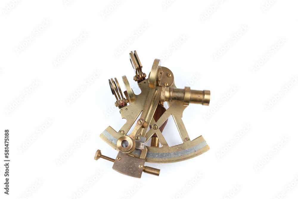 detailed view of a old nautical sextant with optics isolated on white background detailed view of a old nautical sextant with optics isolated on white background
