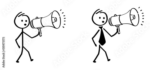 Cartoon megaphone, microphone to speak message symbol or logo. loudspeaker, microfoon line pictogram. Horn, announcing for atention talk. Megaphone amplifier. Drawing talking news or for protest. 