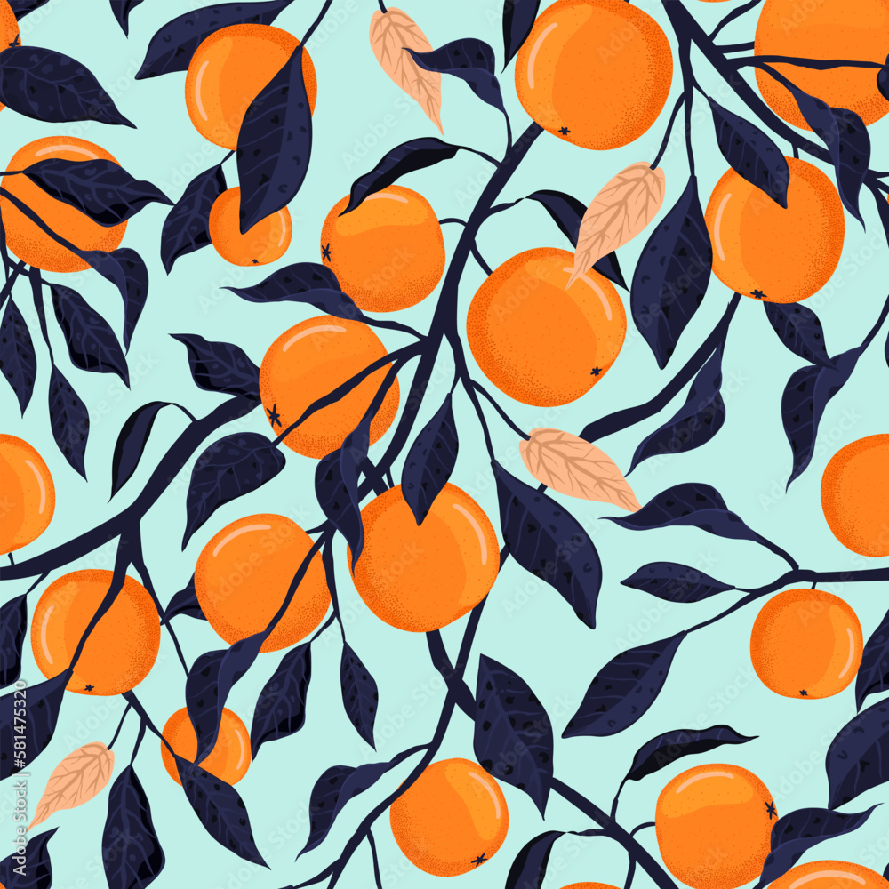Oranges, branches and fruits. Seamless pattern, print with orange tree branches. Oranges, branches and fruits. Seamless pattern, print with orange tree branches.