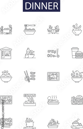 Dinner line vector icons and signs. Cuisine, Meal, Feast, Banquet, Lunch, Cookout, Repast, Feeding outline vector illustration set