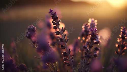 Lavender field at sunset  Close up  Generative AI