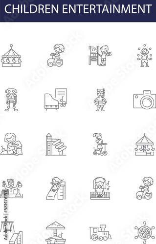 Children entertainment line vector icons and signs. Play, Games, Toys, Puppets, Arts, Crafts, Stories, Sports outline vector illustration set