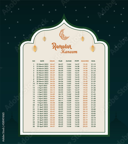 Ramadan time calendar 2023 With Prayer times in Ramadan. Ramadan Schedule - Fasting, Iftar, and Prayer timetable. Islamic background design with mosque and lamp.