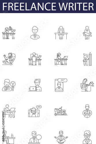 Freelance writer line vector icons and signs. Writer, Editorial, Remote, Content, Ghost, Journalist, Creative, Copywriter outline vector illustration set