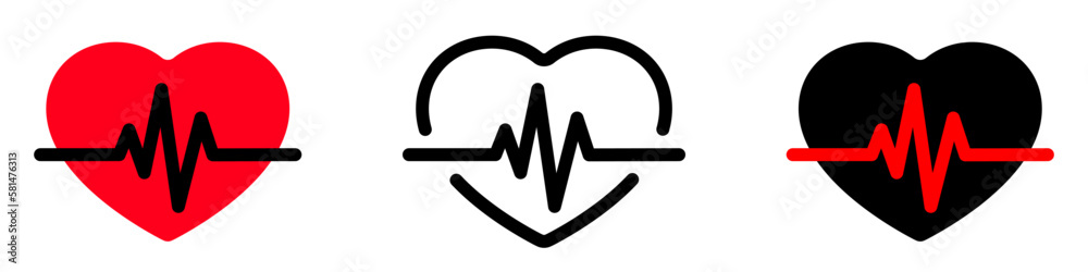 Hearts with pulse beat sign, line icons set illustration Hearts with pulse beat sign, line icons set illustration