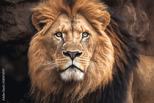Close up of a lion at the Omaha Zoo. Generative AI photo