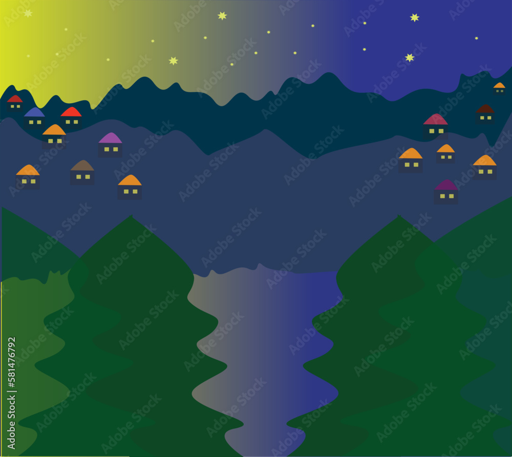 Obraz premium Night landscape with river, and mountain village