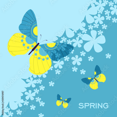 Yellow and blue butterflies vector illustration. Spring postcard or poster design with flowers on blue background. Spring, nature, rebirth, freedom, positivity concept