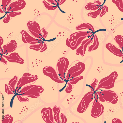 Cute Seamless pattern floral pink pastel abstract background. Vector hand drawn chaotic flower illustration. Fabric apparel print design.