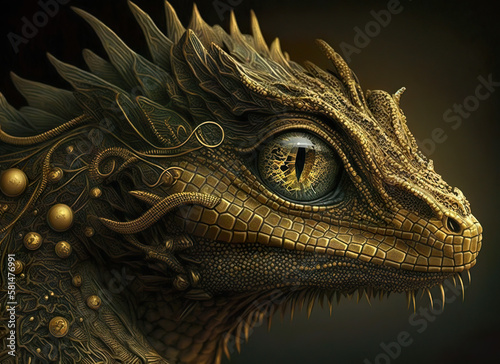 A fantastical creature with intricate scales and a hypnotic, golden eye captures attention. Elegant swirls and ornate patterns adorn its head.AI generated