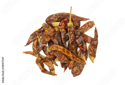 Group of small dry chili peppers isolated on white background