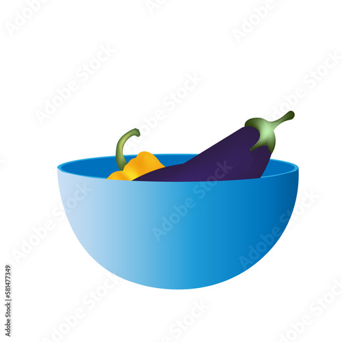 Vector bowl and vegetables eggplant,capsicum on white background. Vector illustration.