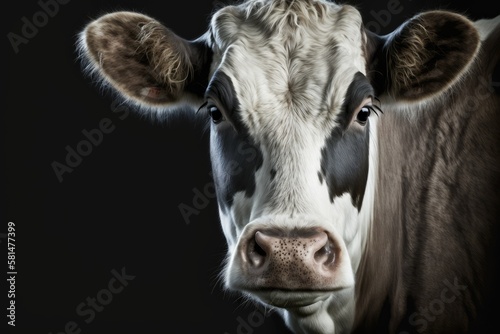 Portrait of a dejected dairy cow against a dark background. Generative AI