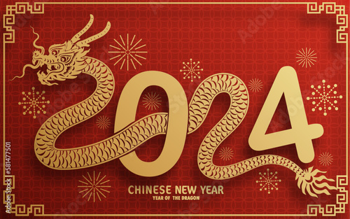 Happy chinese new year 2024 year of the chinese dragon zodiac with on color Background. ( Translation : happy new year, chinese dragon )