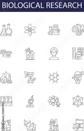 Biological research line vector icons and signs. research, biochemistry, microbiology, genetics, ecology, anatomy, physiology, biotechnology outline vector illustration set