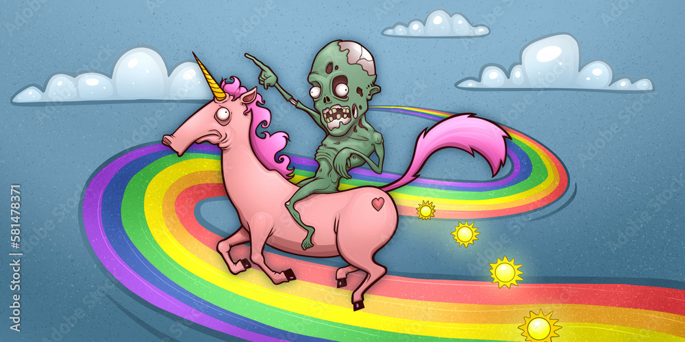 Obraz premium Zombie Riding a Unicorn that is Pooping Sunshine Over a Rainbow Cartoon Illustration