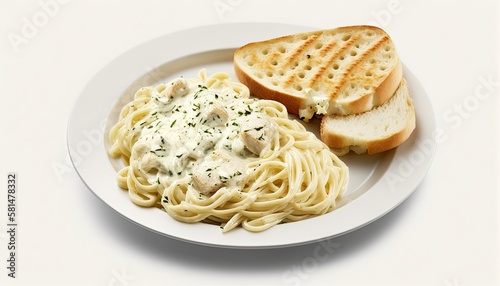 A plate of chicken alfredo with garlic bread on White Background with copy space for your text created with generative AI technology