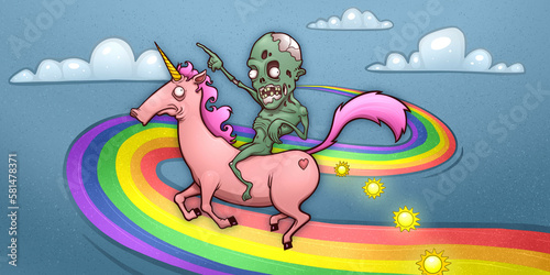 Zombie Riding a Unicorn that is Pooping Sunshine Over a Rainbow Cartoon Illustration