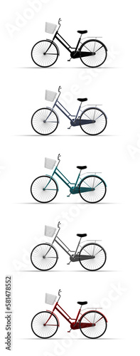 Cartoon bicycles set multi-color for women 3D rendering classic style color isolated on white background with clipping path. 3D render illustration design